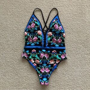Nanette Lepore Floral One Piece Swimsuit Black Blue Size Small Cheeky LIKE NEW
